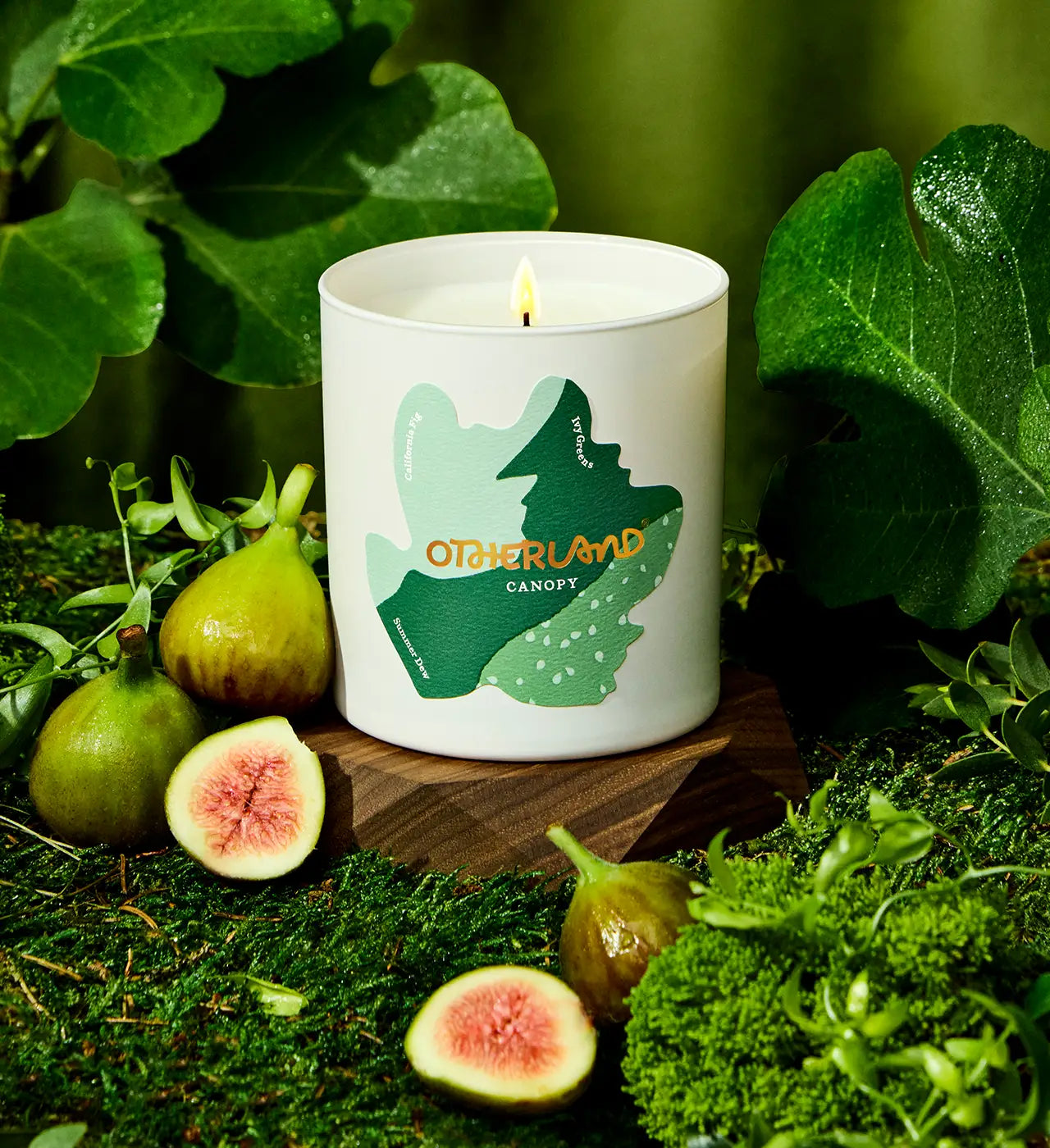 Candle with 'Otherland' branding surrounded by figs and greenery - View 2