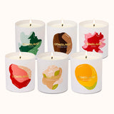 Set of six scented candles with colorful labels on a white background