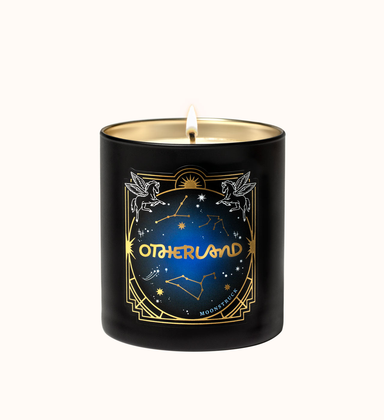 Black candle with 'Otherland' branding and celestial design on a white background - View 2