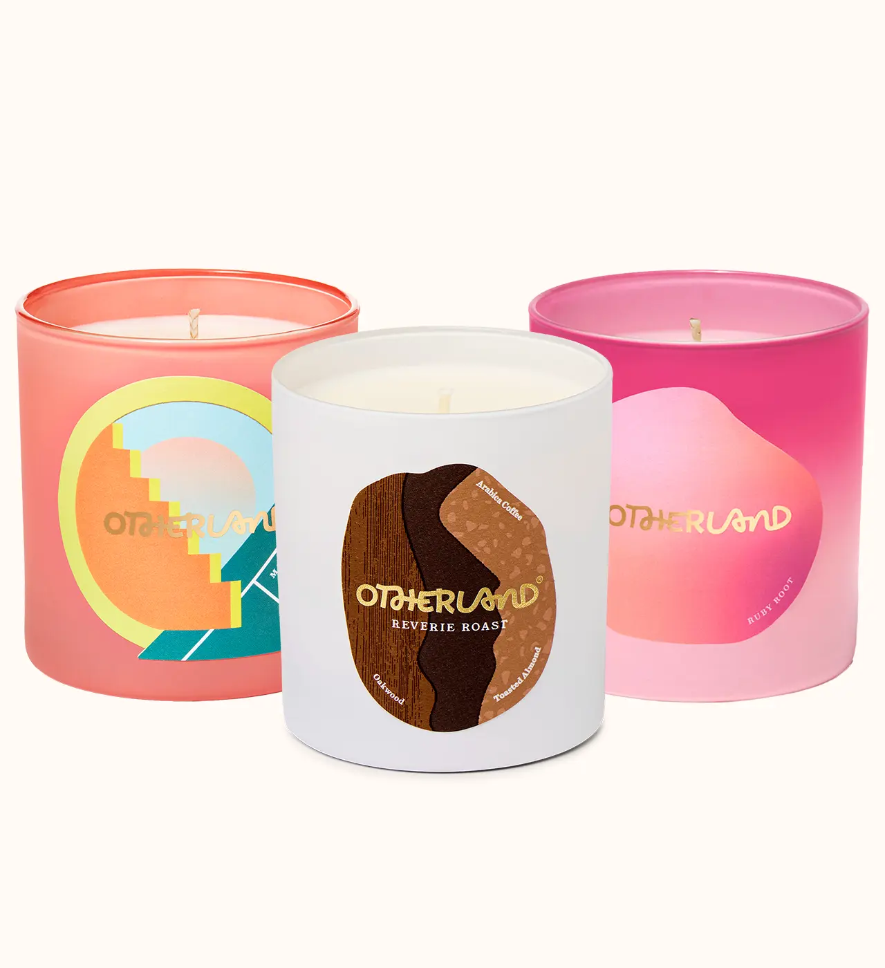 Three candles with colorful labels on a white background - View 0
