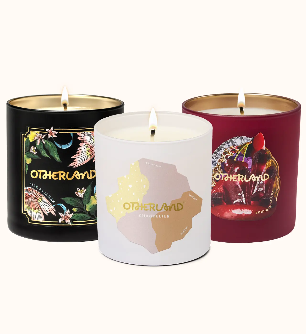 Three scented candles with 'Otherland' branding on a white background - View 1