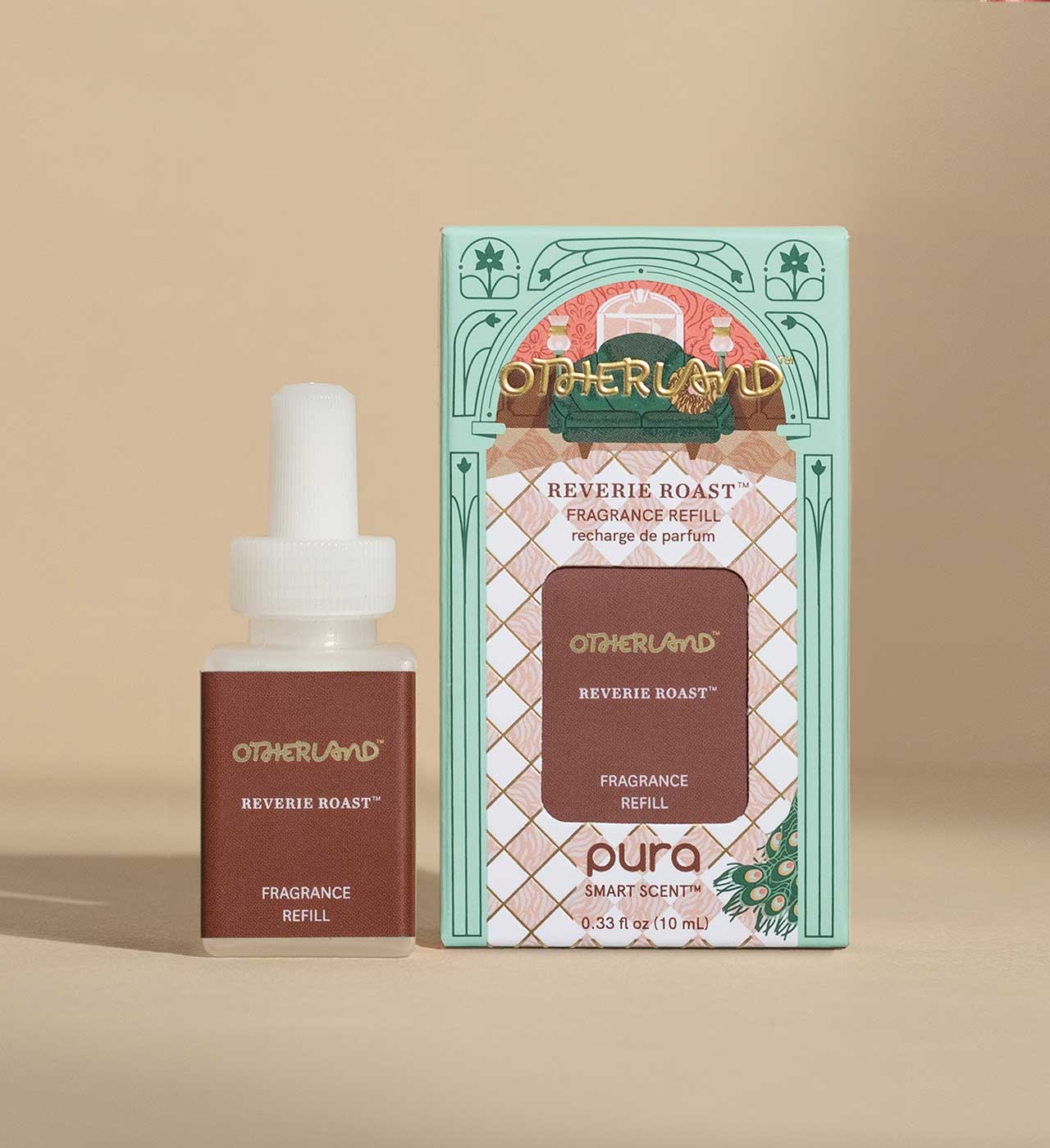 Otherland Reverie Roast fragrance refill bottle and packaging on a beige background - View 2