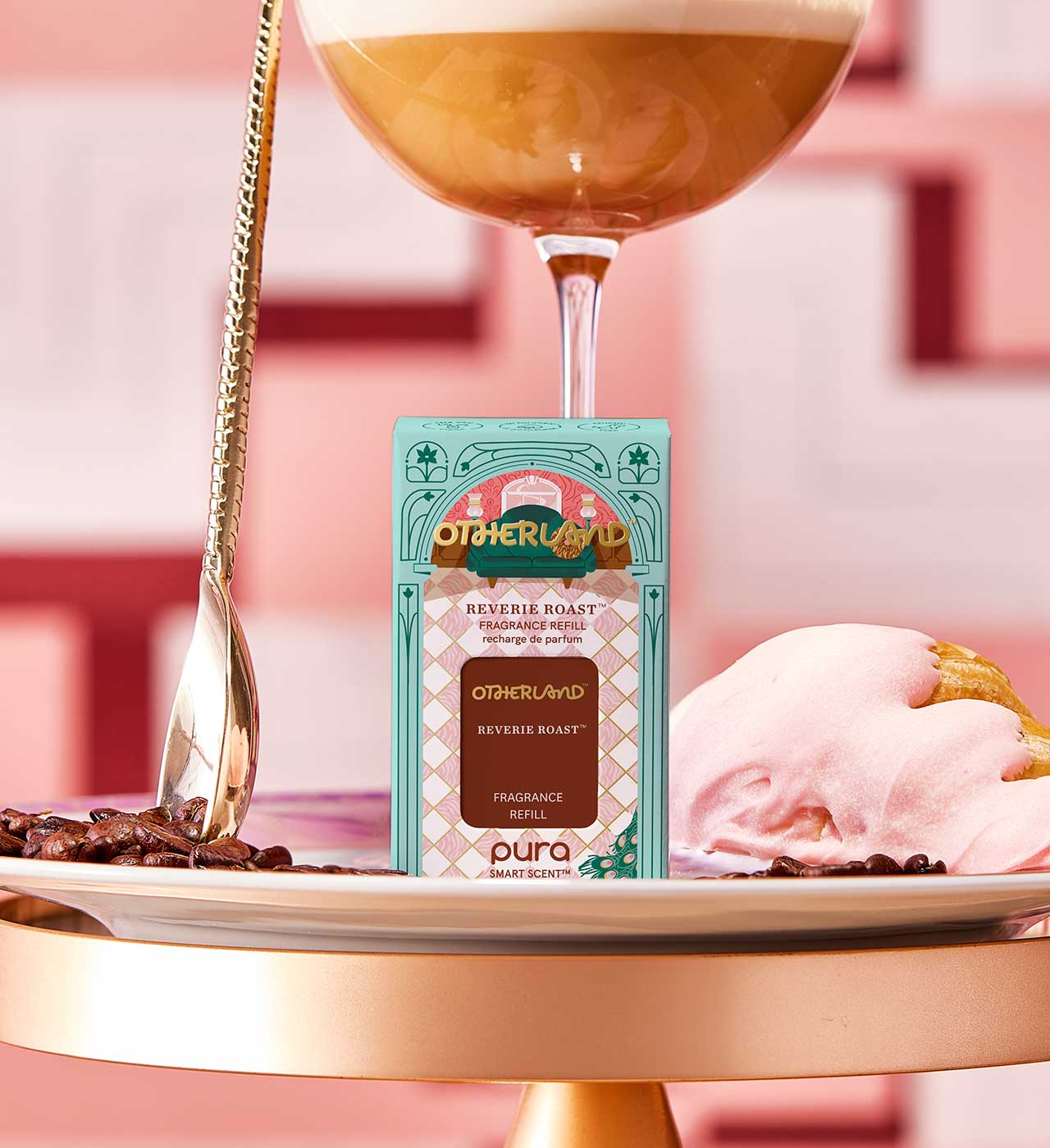 Pura smart fragrance refill packaging with a glass of coffee and ice cream on a pink background - View 4